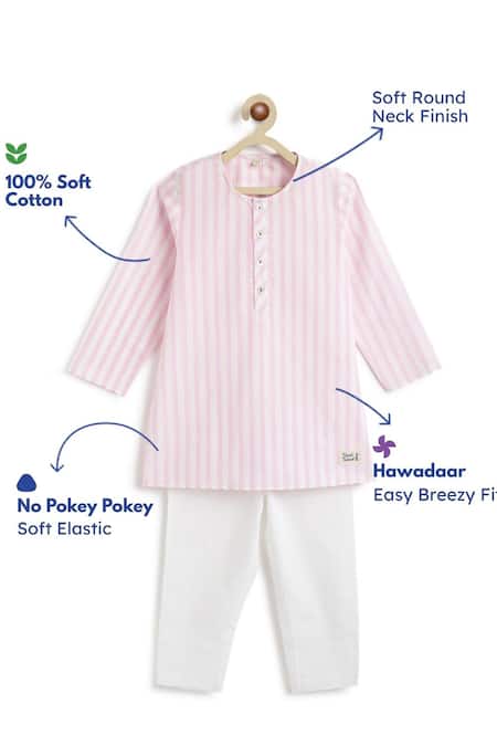 Tiber Taber_Pink Cotton Striped Kurta And Pyjama Set _at_Aza_Fashions