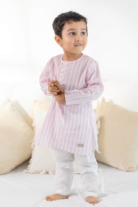 Tiber Taber Pink Cotton Striped Kurta And Pyjama Set 