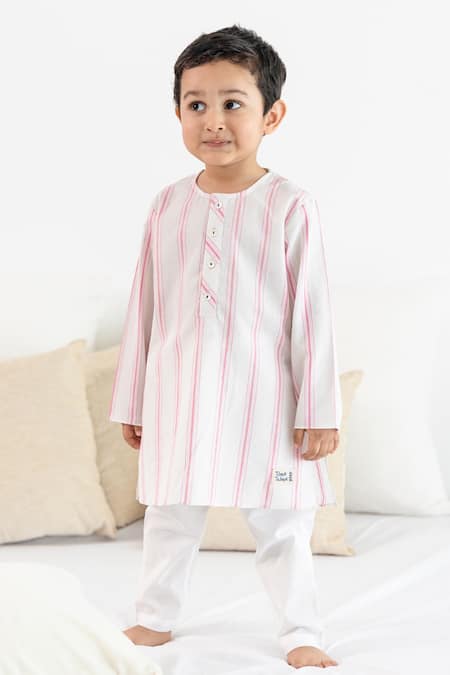 Tiber Taber Pink Cotton Embroidery Striped Kurta And Pyjama Set 