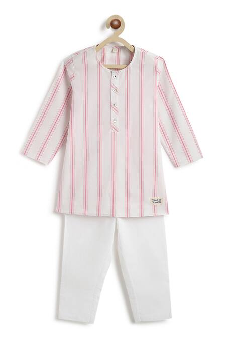 Tiber Taber_Pink Cotton Embroidery Striped Kurta And Pyjama Set _at_Aza_Fashions