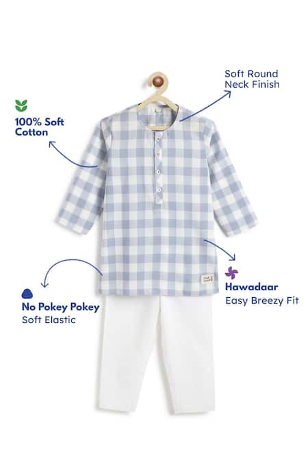 Shop_Tiber Taber_Blue Cotton Checked Kurta And White Pyjama Set _Online_at_Aza_Fashions