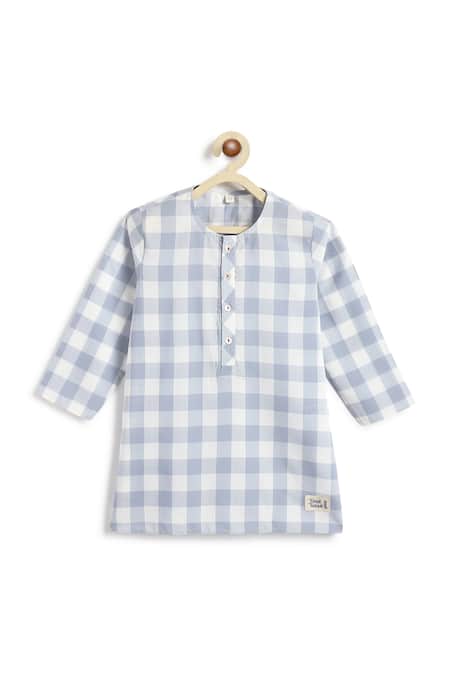 Buy_Tiber Taber_Blue Cotton Checked Kurta And White Pyjama Set 