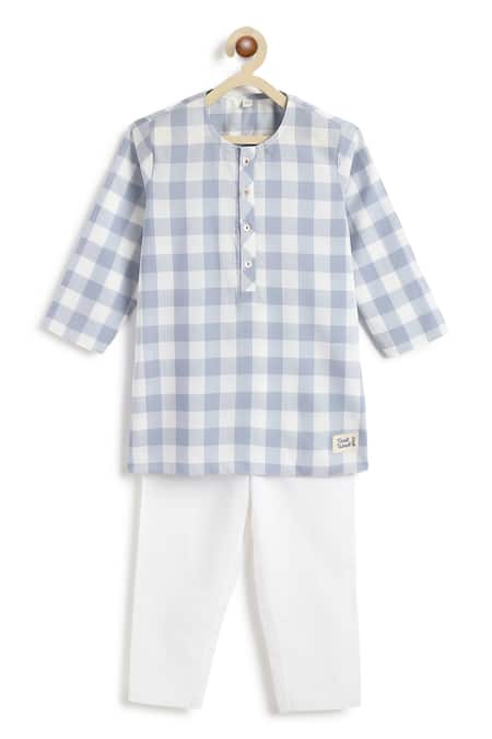 Shop_Tiber Taber_Blue Cotton Checked Kurta And White Pyjama Set 