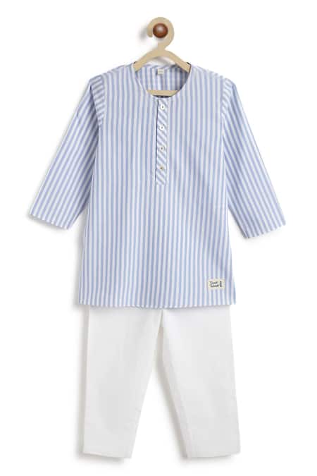 Shop_Tiber Taber_Blue Cotton Striped Kurta And Pyjama Set _Online_at_Aza_Fashions
