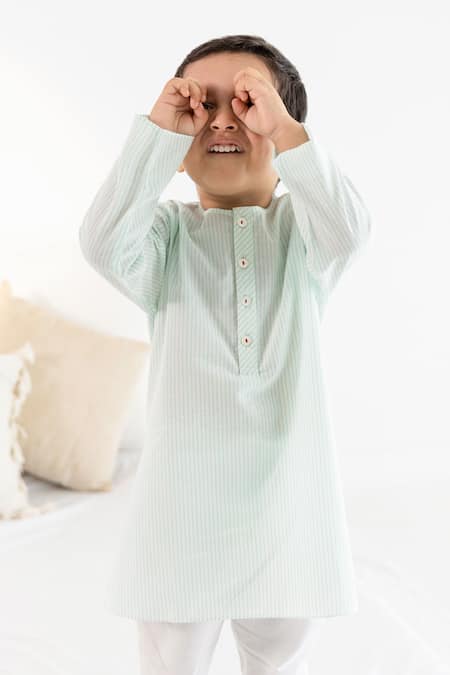Buy_Tiber Taber_Green Cotton Striped Kurta And Pyjama Set _Online_at_Aza_Fashions