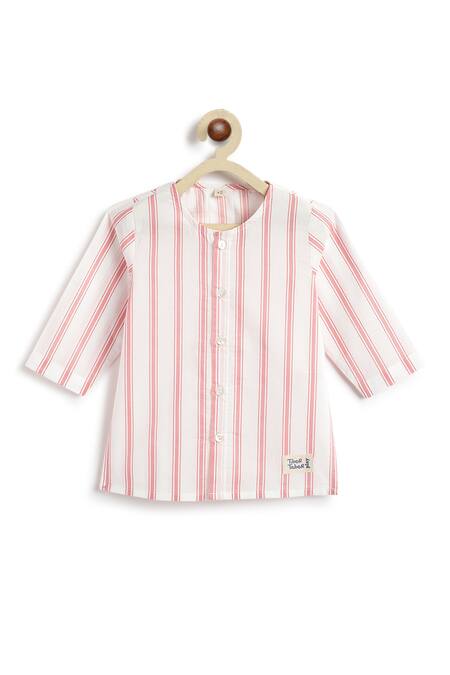 Shop_Tiber Taber_Red Cotton Striped Kurta And White Pyjama Set _Online_at_Aza_Fashions