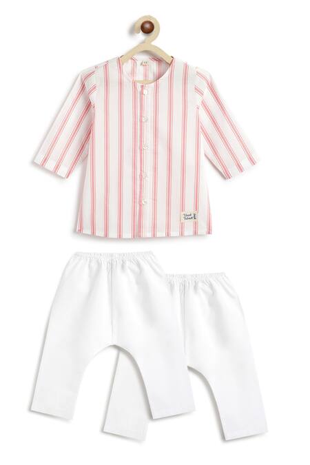 Tiber Taber_Red Cotton Striped Kurta And White Pyjama Set _at_Aza_Fashions