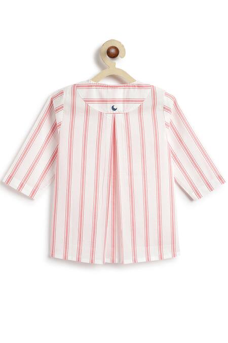 Shop_Tiber Taber_Red Cotton Striped Kurta And White Pyjama Set 