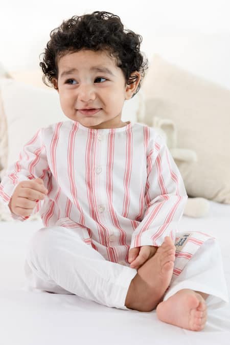 Tiber Taber Red Cotton Striped Kurta And White Pyjama Set 