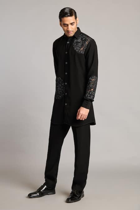 Siddartha Tytler Black Microfiber Embroidery Floral Shirt And Pant Set Online at Aza Fashions Siddartha Tytler_Black Microfiber Embroidery Floral Shirt And Pant Set _Online_at_Aza_Fashions