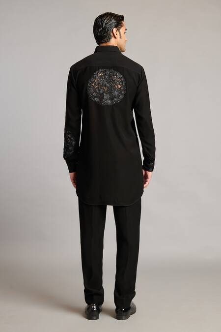 Shop Siddartha Tytler Black Microfiber Embroidery Floral Shirt And Pant Set at Aza Fashions Shop_Siddartha Tytler_Black Microfiber Embroidery Floral Shirt And Pant Set _at_Aza_Fashions