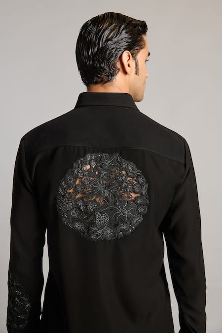 Shop Siddartha Tytler Black Microfiber Embroidery Floral Shirt And Pant Set Online at Aza Fashions Shop_Siddartha Tytler_Black Microfiber Embroidery Floral Shirt And Pant Set _Online_at_Aza_Fashions