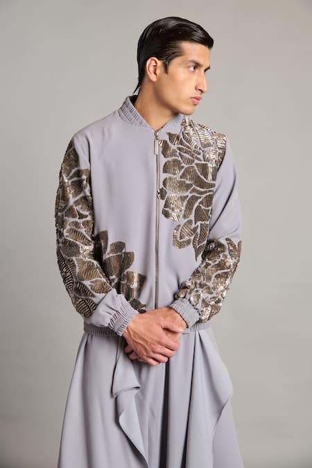Siddartha Tytler Gray Microfiber Sequins Steel Floral Bomber Jacket 