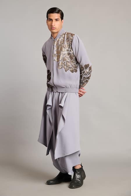 Siddartha Tytler Gray Microfiber Sequins Steel Floral Bomber Jacket Online at Aza Fashions Siddartha Tytler_Gray Microfiber Sequins Steel Floral Bomber Jacket _Online_at_Aza_Fashions
