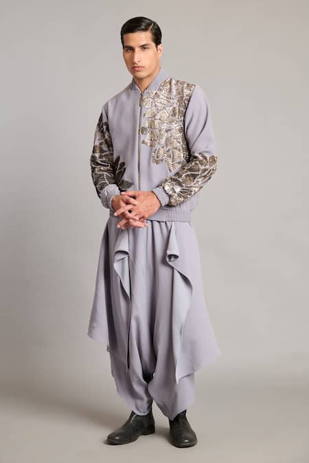 Buy Siddartha Tytler Gray Microfiber Sequins Steel Floral Bomber Jacket Online at Aza Fashions Buy_Siddartha Tytler_Gray Microfiber Sequins Steel Floral Bomber Jacket _Online_at_Aza_Fashions