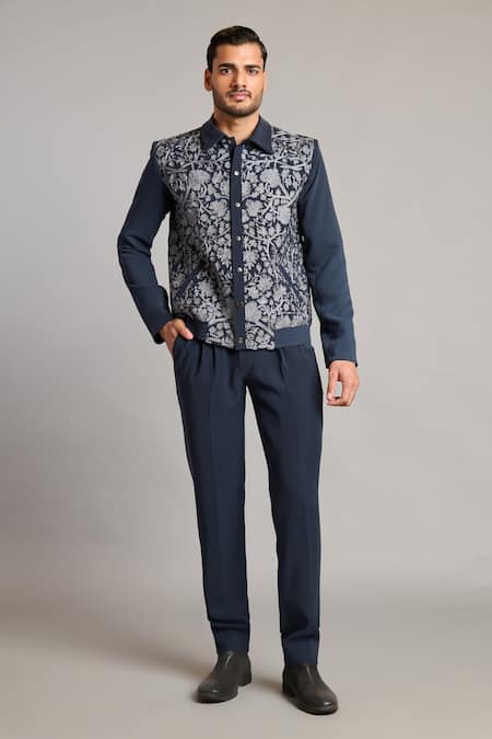 Siddartha Tytler_Gray Microfiber Zari Embroidered Grey Varsity Jacket _Online_at_Aza_Fashions