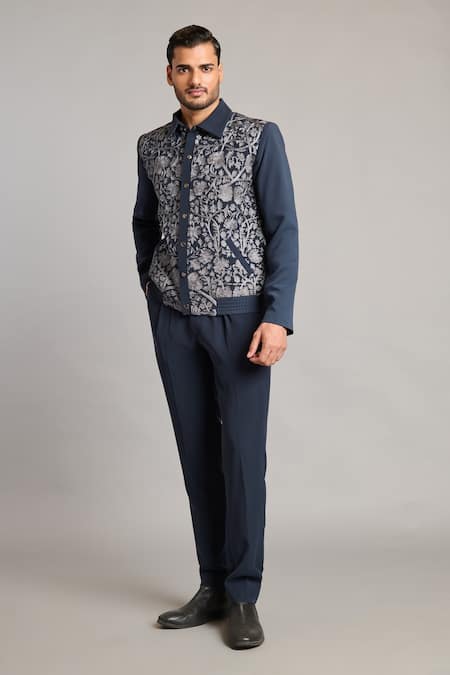 Buy_Siddartha Tytler_Gray Microfiber Zari Embroidered Grey Varsity Jacket _Online_at_Aza_Fashions