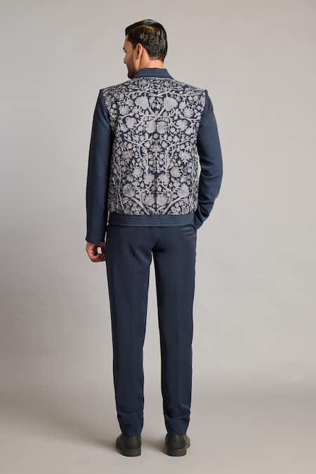 Shop_Siddartha Tytler_Gray Microfiber Zari Embroidered Grey Varsity Jacket _at_Aza_Fashions