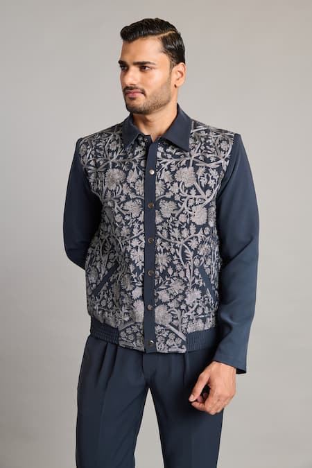 Siddartha Tytler Gray Microfiber Zari Embroidered Grey Varsity Jacket 