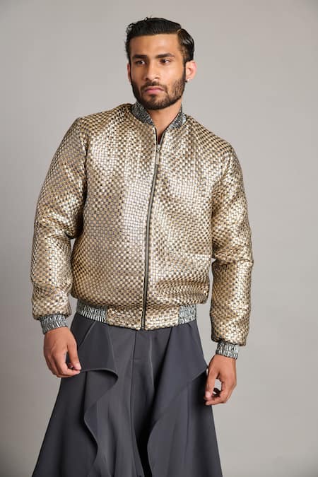 Siddartha Tytler Gray Metallic Intrecciato Bomber Jacket 