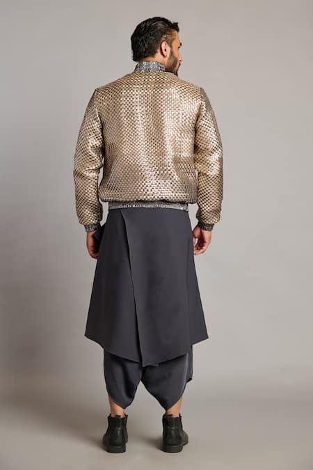Shop Siddartha Tytler Gray Metallic Intrecciato Bomber Jacket at Aza Fashions Shop_Siddartha Tytler_Gray Metallic Intrecciato Bomber Jacket _at_Aza_Fashions