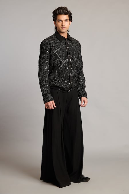 Siddartha Tytler_Black Microfiber Embroidery Mixed-media Jacket _Online_at_Aza_Fashions