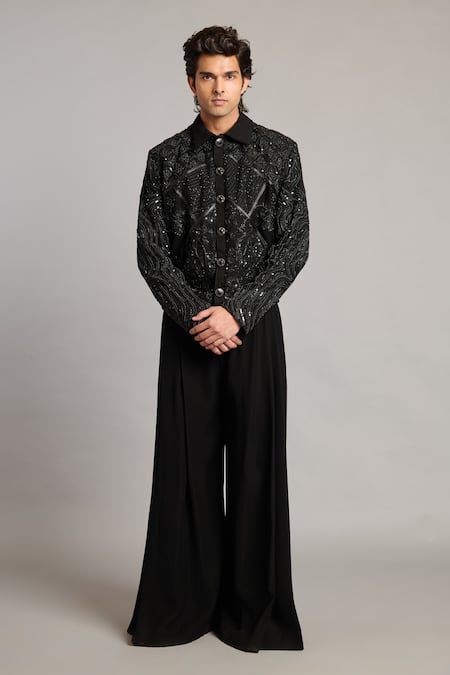 Buy_Siddartha Tytler_Black Microfiber Embroidery Mixed-media Jacket _Online_at_Aza_Fashions