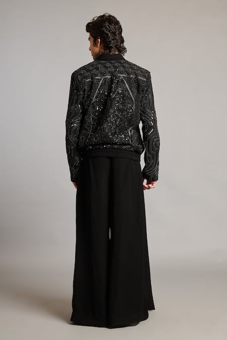 Shop_Siddartha Tytler_Black Microfiber Embroidery Mixed-media Jacket _at_Aza_Fashions