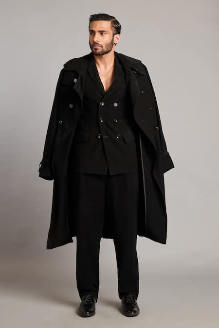 Siddartha Tytler Black Microfiber Classic Trench Coat Online at Aza Fashions Siddartha Tytler_Black Microfiber Classic Trench Coat _Online_at_Aza_Fashions