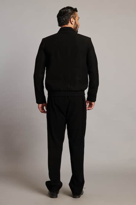 Shop_Siddartha Tytler_Black Microfiber Intrecciato Varsity Jacket _at_Aza_Fashions