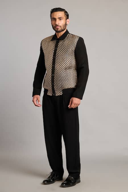 Siddartha Tytler_Black Microfiber Intrecciato Varsity Jacket _Online_at_Aza_Fashions