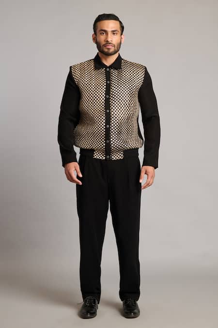 Buy_Siddartha Tytler_Black Microfiber Intrecciato Varsity Jacket _Online_at_Aza_Fashions