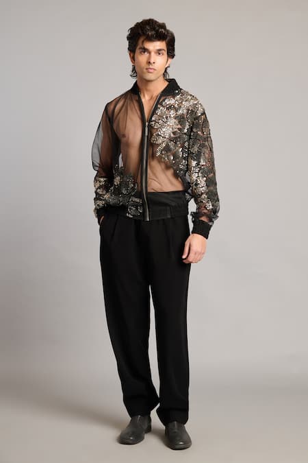 Siddartha Tytler_Black Net Sequins Sheer Bomber Jacket _Online_at_Aza_Fashions