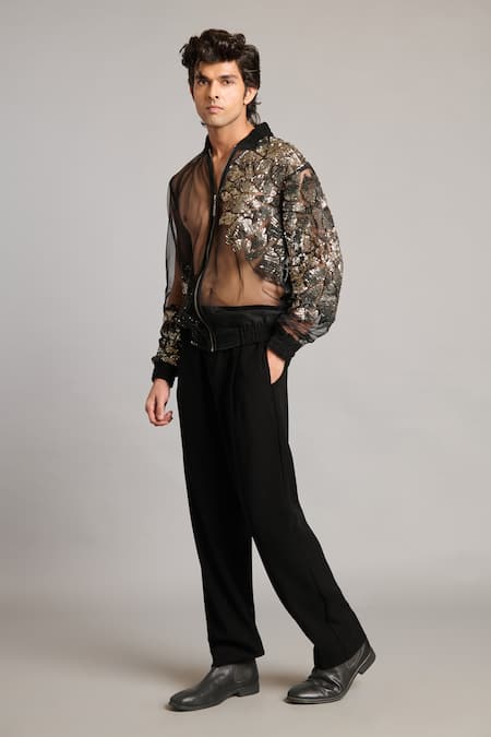 Buy_Siddartha Tytler_Black Net Sequins Sheer Bomber Jacket _Online_at_Aza_Fashions