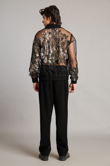 Shop_Siddartha Tytler_Black Net Sequins Sheer Bomber Jacket _at_Aza_Fashions