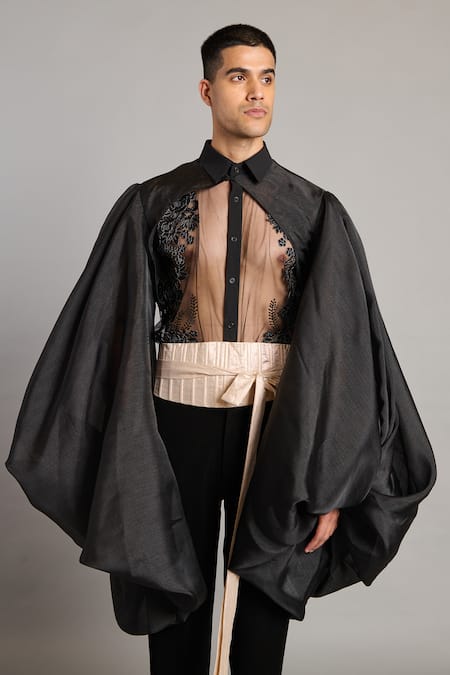 Siddartha Tytler Black Organza Embroidery Balloon Bolero Jacket 