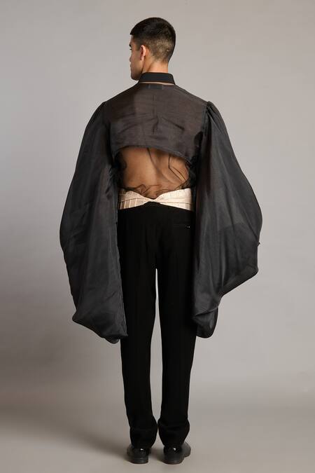 Shop Siddartha Tytler Black Organza Embroidery Balloon Bolero Jacket at Aza Fashions Shop_Siddartha Tytler_Black Organza Embroidery Balloon Bolero Jacket _at_Aza_Fashions