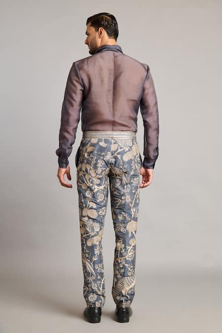Shop_Siddartha Tytler_Blue Polyester Zari Forest Embroidered Pant _at_Aza_Fashions