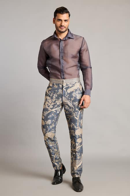 Siddartha Tytler Blue Polyester Zari Forest Embroidered Pant 