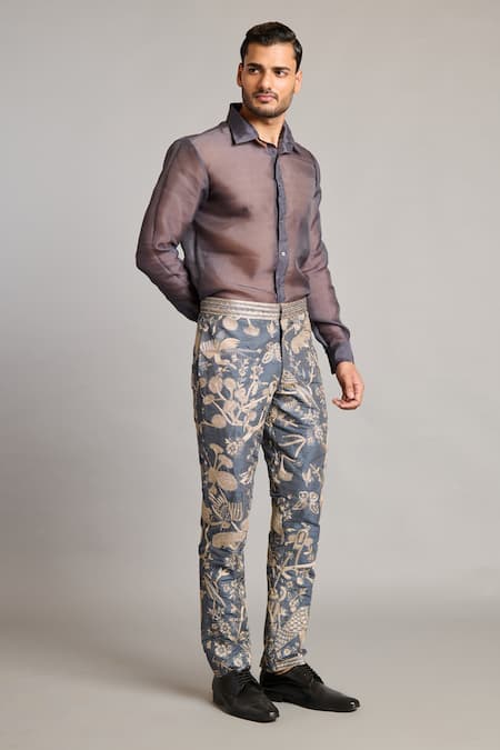 Siddartha Tytler_Blue Polyester Zari Forest Embroidered Pant _Online_at_Aza_Fashions
