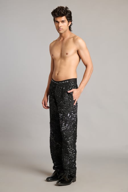 Siddartha Tytler Black Polyester Sequins, Embroidery 3d Floral Pant Online at Aza Fashions Siddartha Tytler_Black Polyester Sequins, Embroidery 3d Floral Pant _Online_at_Aza_Fashions