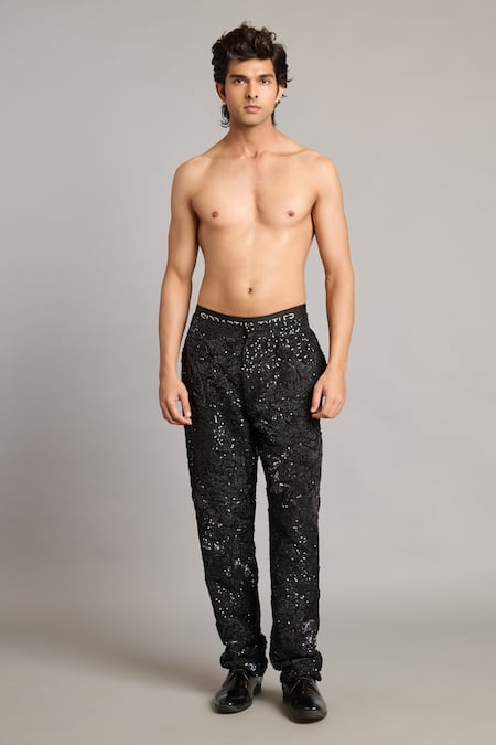 Siddartha Tytler Black Polyester Sequins, Embroidery 3d Floral Pant 