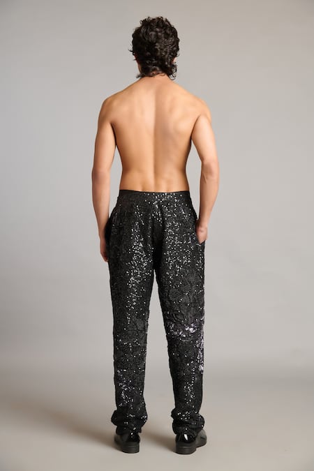 Shop Siddartha Tytler Black Polyester Sequins, Embroidery 3d Floral Pant at Aza Fashions Shop_Siddartha Tytler_Black Polyester Sequins, Embroidery 3d Floral Pant _at_Aza_Fashions