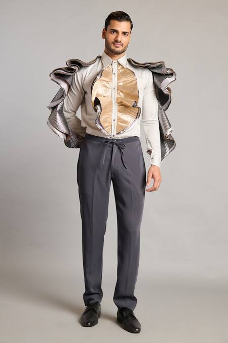 Siddartha Tytler_Gray Cotton Satin Steel Cascade Shirt _Online_at_Aza_Fashions
