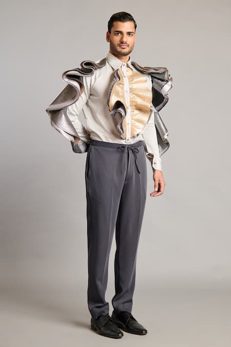 Buy_Siddartha Tytler_Gray Cotton Satin Steel Cascade Shirt _Online_at_Aza_Fashions