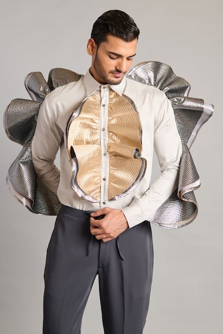 Siddartha Tytler Gray Cotton Satin Steel Cascade Shirt 