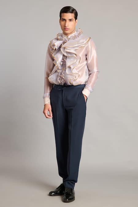Buy_Siddartha Tytler_Gray Organza Ruffles Steel Shirt _Online_at_Aza_Fashions