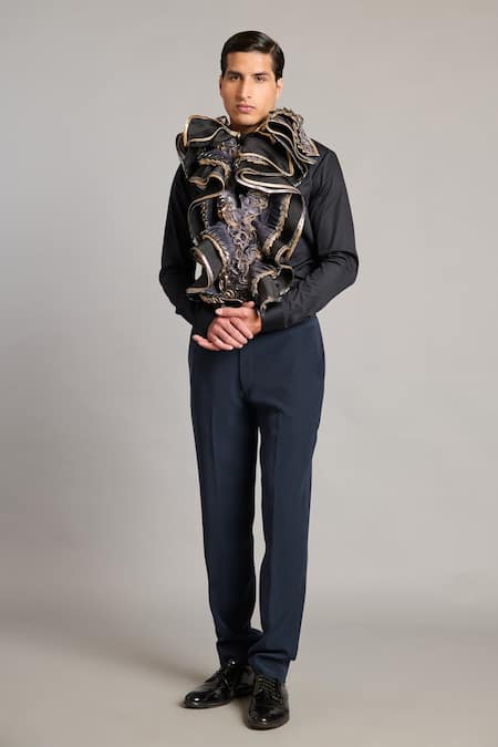 Siddartha Tytler_Black Cotton Satin, Organza Ruffles Designer Shirt _Online_at_Aza_Fashions