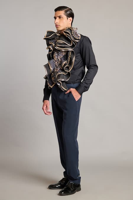 Buy_Siddartha Tytler_Black Cotton Satin, Organza Ruffles Designer Shirt _Online_at_Aza_Fashions