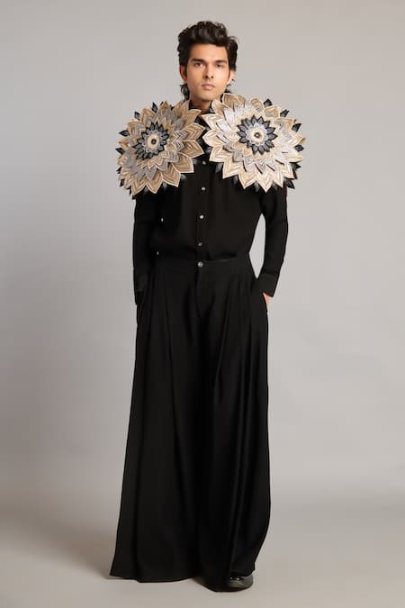 Siddartha Tytler_Black Microfiber Metallic Thread 3d Mandala Shirt _Online_at_Aza_Fashions